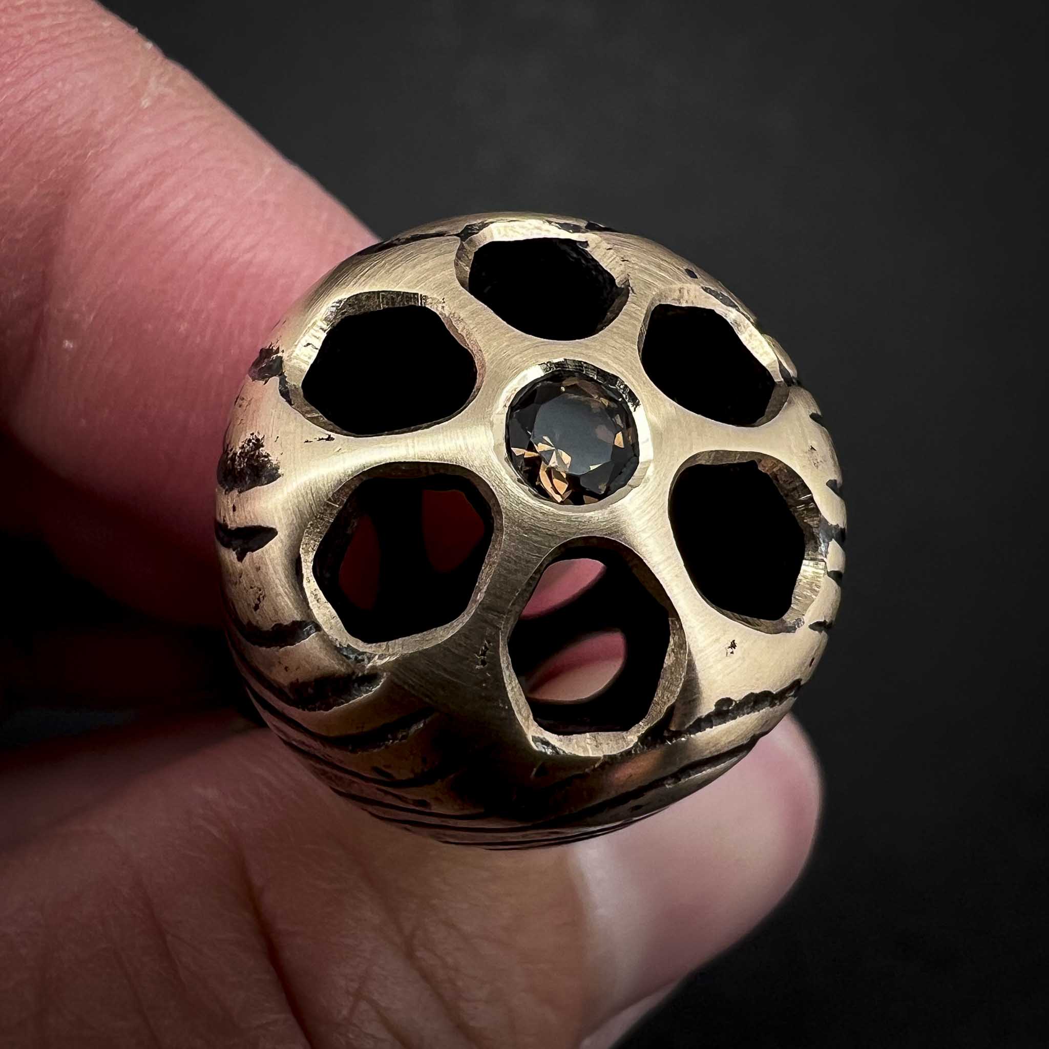 Cascade Knuckle Roller - Timber Edition - Satin Finished Bronze with Smoky Quartz - Prototype #11